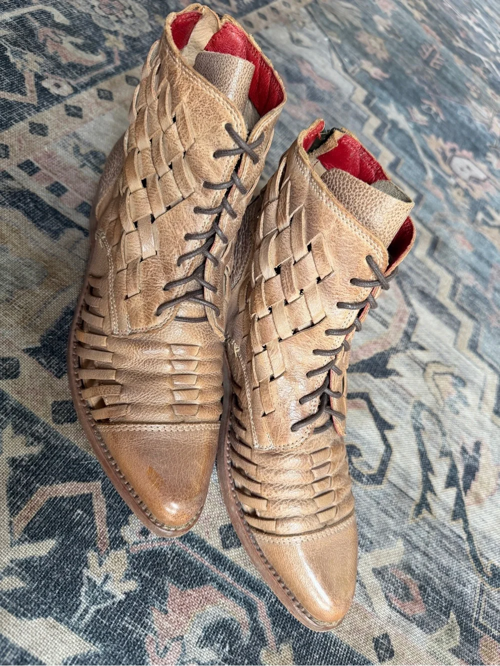 Bed Stu Loretta Boots Women's 7 Tan Brown leather Woven Cap Toe Lace Up Booties